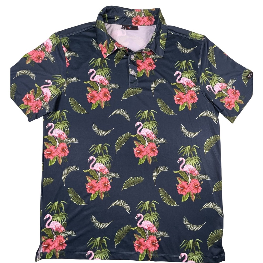 Yatta Golf Polo‎ Mens Large Teal Flamingo Floral Print Performance Short Sleeve